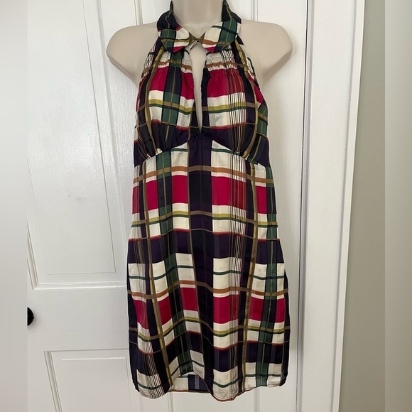 Vintage Guess 100% Silk Plaid Halter Collared Mini Dress Academia Preppy Party - Picture 1 of 11